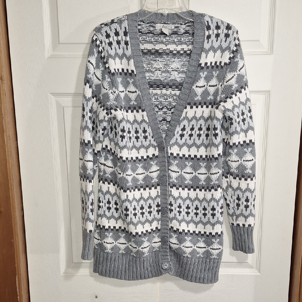 Bass Women's Cotton Cardigan - Gray White Pattern - L